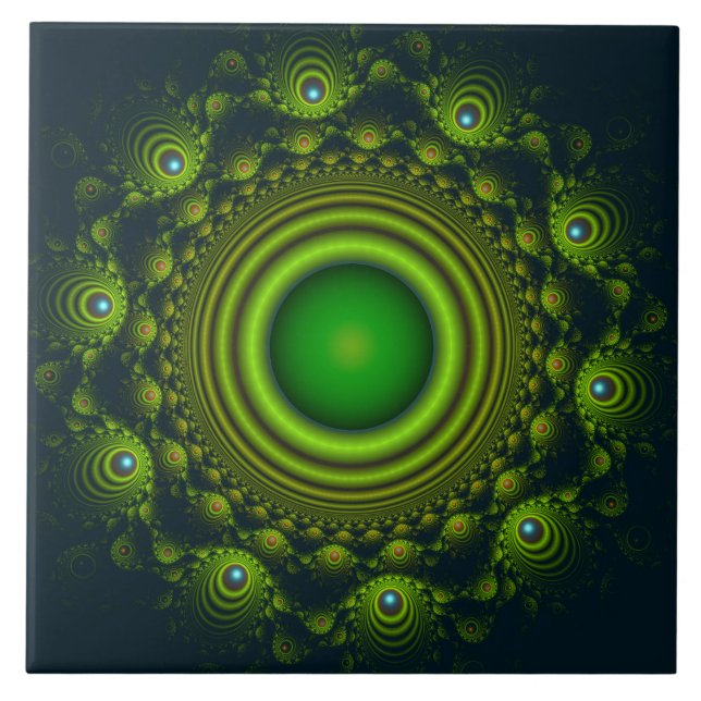 Azulejo Ornamento hipnótico fractal verde (Frente)