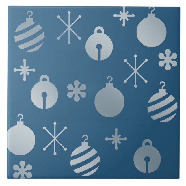 Azulejo Ornamentos de Navidad Retro Plata Azul (Frente)