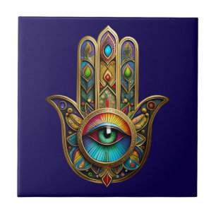 Azulejo Ornate Color Dorado Hamsa Verde sobre Rojo Tercer 