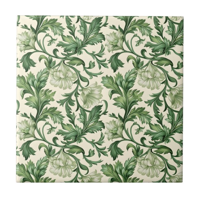 Azulejo Ornate dark green acanthus leaves pattern (Frente)