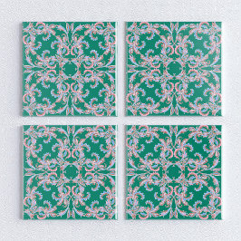 Azulejo Ornate Floral Filigree Tile in Emerald Green