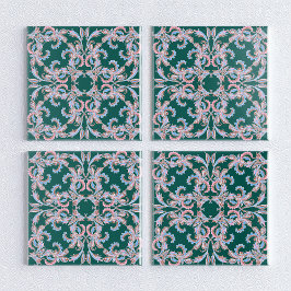 Azulejo Ornate Floral Filigree Tile in Hunter Green 