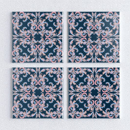 Azulejo Ornate Floral Filigree Tile in Midnight Blue