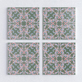 Azulejo Ornate Floral Filigree Tile in Slate Green