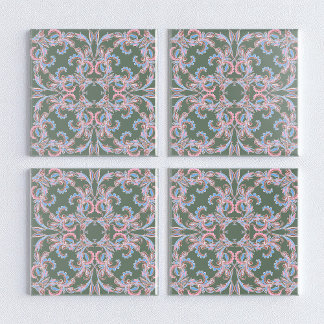 Azulejo Ornate Floral Filigree Tile in Slate Green