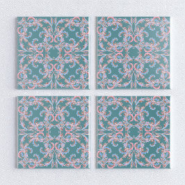 Azulejo Ornate Floral Filigree Tile in Teal Blue