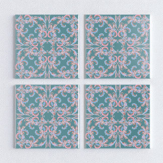 Azulejo Ornate Floral Filigree Tile in Teal Blue
