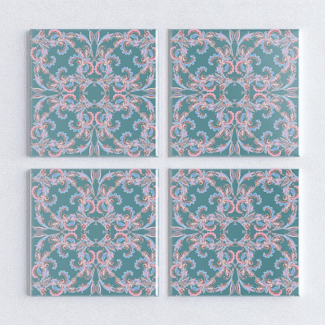 Azulejo Ornate Floral Filigree Tile in Teal Blue (Subido por el creador)