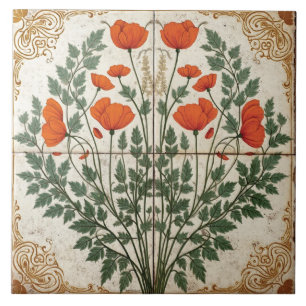 Azulejo Ornate Poppy con la frontera dorada