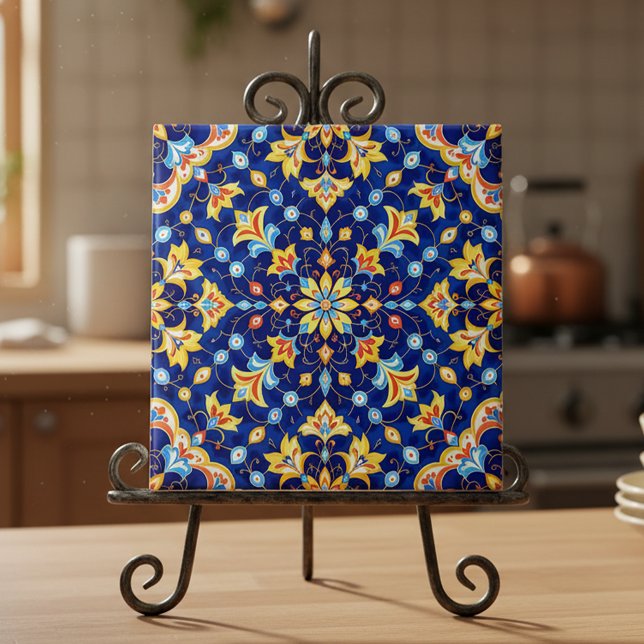 Azulejo Ornato Floral Vibrante Azul Dorado Mediterráneo (Subido por el creador)