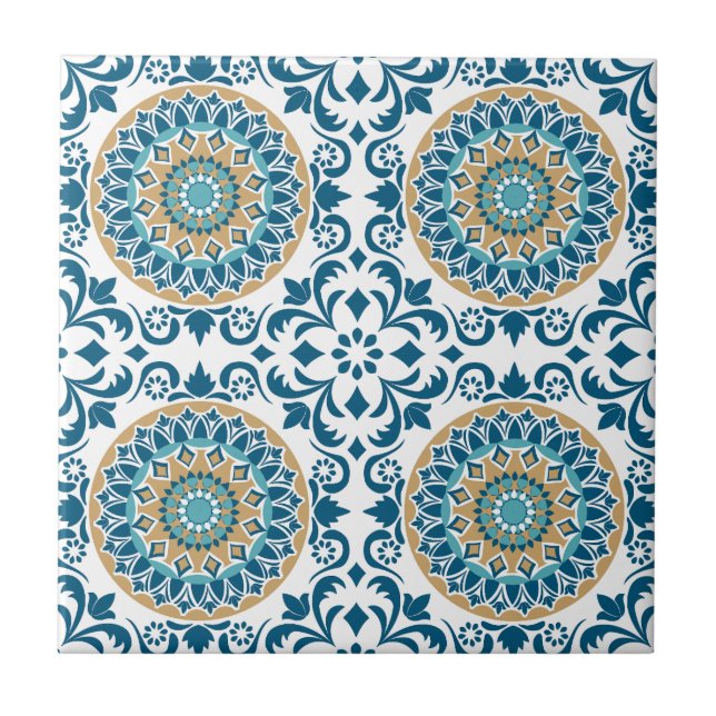 Azulejo Ornato mediterráneo elegante Blue White Gold (Frente)