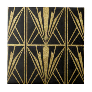 Azulejo Oro Art Deco Patrón de Abanico Geométrico Negro