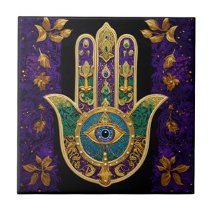 Azulejo Oro de Mardi Gras Verde Púrpura Hamsas Arte
