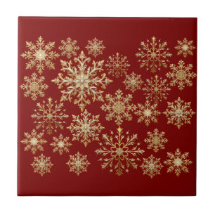 Azulejo Oro de Navidad y copo de nieve rojo 