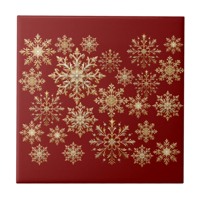 Azulejo Oro de Navidad y copo de nieve rojo  (Frente)