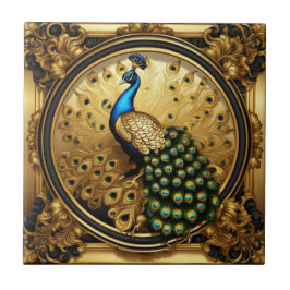 Azulejo Oro de pavo real y marco ornamental negro
