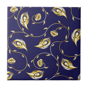 Azulejo Oro, pavo real, floral, modelo, en negro,