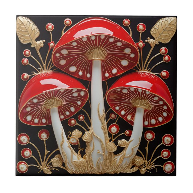 Azulejo Oro Rojo Amanita Muscaria Efecto 3D (Frente)