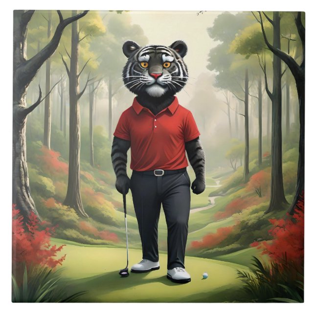 Azulejo "¡Oro! Un tigre negro jugando golf en el bosque" (Frente)