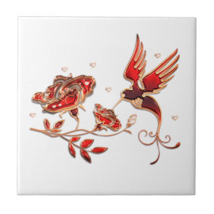 Azulejo Oro y joyería roja con mosaico de pájaro y Rosa