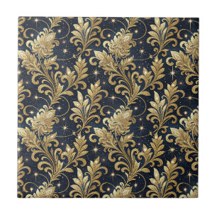 Azulejo Oro y negro patrón floral de damasco regio lujoso