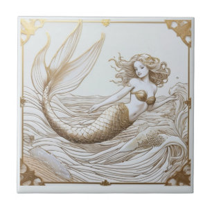 Azulejo Oro y sirena blanca y olas oceánicas hacia la izqu