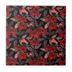 Azulejo orquídeas rojas sobre negro.