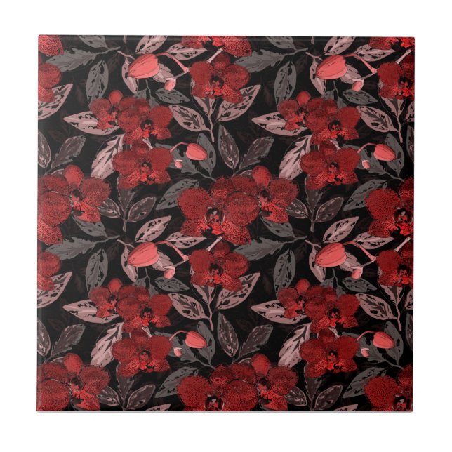 Azulejo orquídeas rojas sobre negro. (Frente)