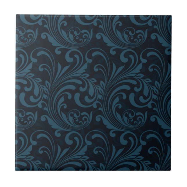 Azulejo Oscuro Damask Blue Swirl Patrón masculino (Frente)