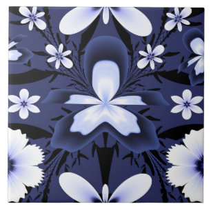 Azulejo Oscuro Orquídea Azul Elegante Flores Patrón Fracta