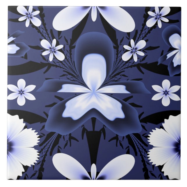 Azulejo Oscuro Orquídea Azul Elegante Flores Patrón Fracta (Frente)