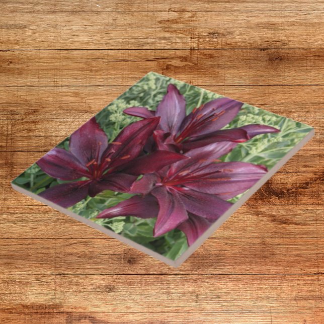 Azulejo Oscuro rojo Asiático Lilies Floral (In Situ)