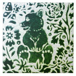 Azulejo Oso Batik Moderno Verde Azul Floral Bosque