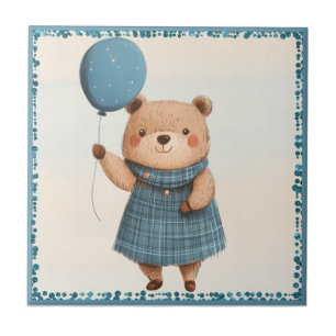 Azulejo Oso chica con vestido azul y globo