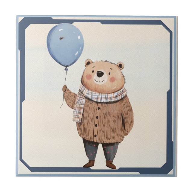 Azulejo Oso con globo azul en una escarcha sudadera marrón (Frente)