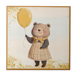 Azulejo Oso con vestido amarillo y dorado con globo amaril