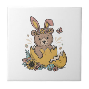 Azulejo Oso de Pascua lindo en huevo roto vector vintage_1