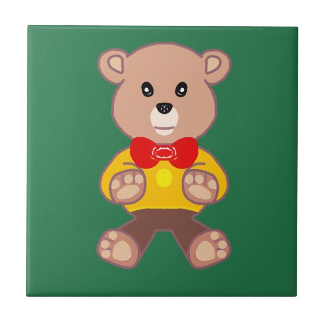 Azulejo Oso de peluche con corbata de moño sobre verde (Frente)