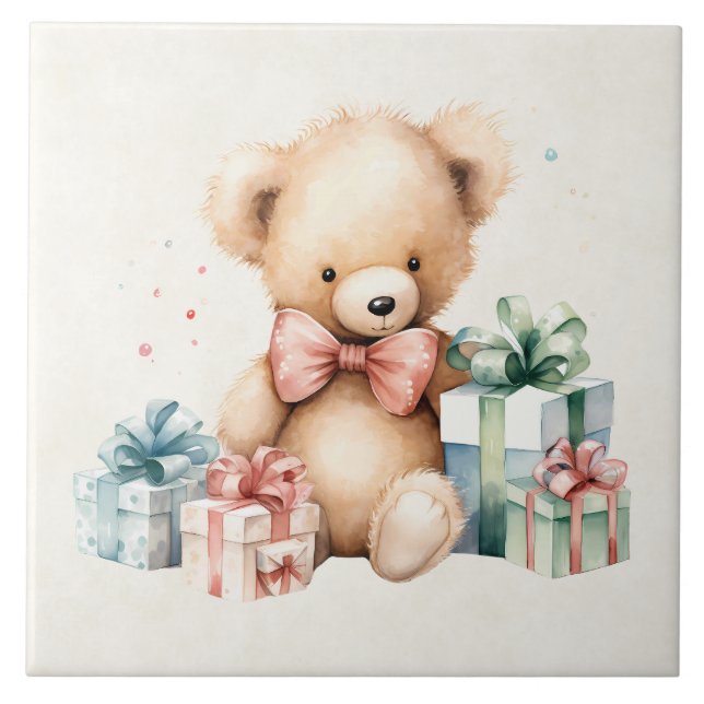 Azulejo Oso de peluche con regalo de Navidad (Frente)