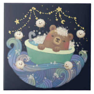 Azulejo Oso de peluche en barco de bañera con monstruos es