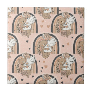 Azulejo Oso de peluche neutral arcoíris en marrón y taupe