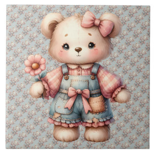 Azulejo Oso de peluche pastel sosteniendo una flor con ove
