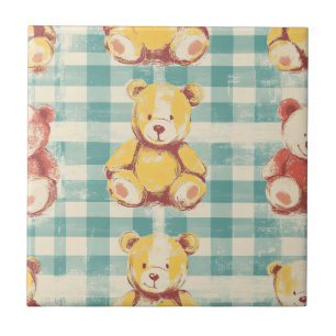 Azulejo Oso de peluche vintage con estampado de gingham ch