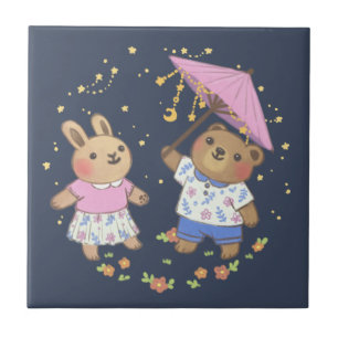 Azulejo Oso de peluche y conejo bajo el Ilustracion Stars