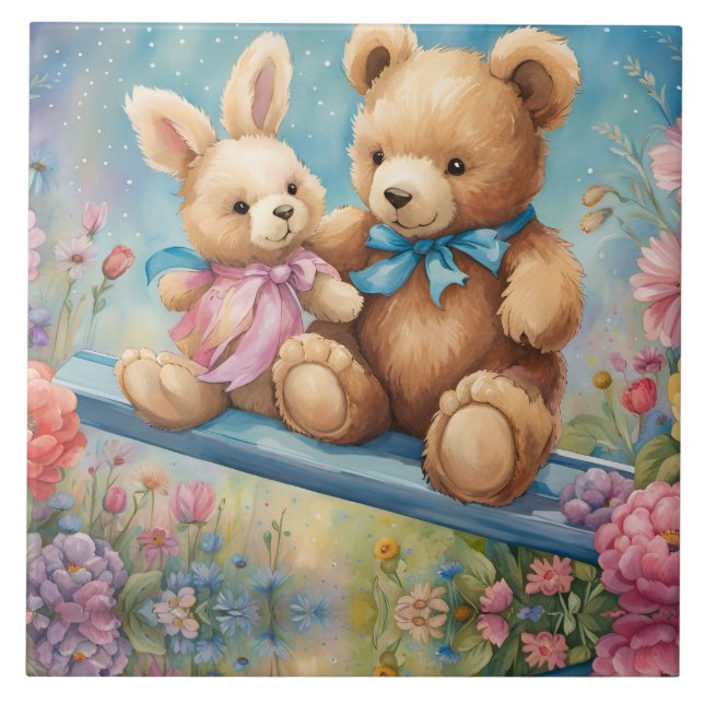 Azulejo Oso de peluche y conejo en un jardín pastel (Frente)