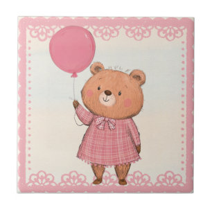 Azulejo Oso de vestido rosado fresco con globo rosa