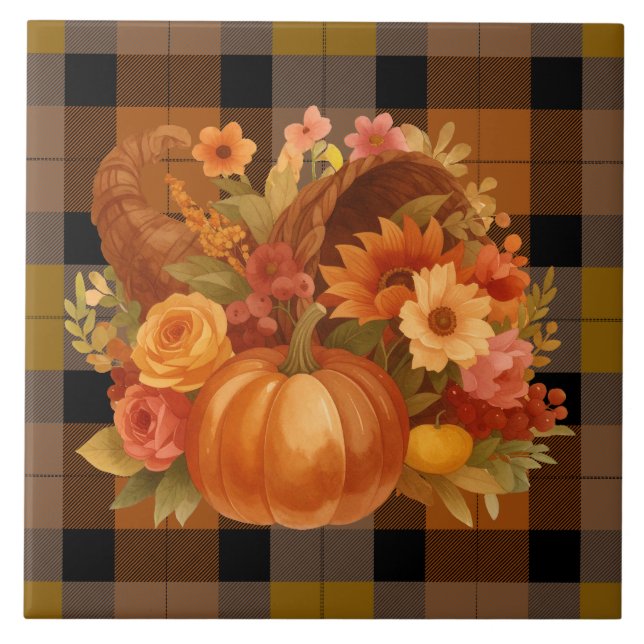 Azulejo Otoño Harvest Cornucopia en Plaid (Frente)