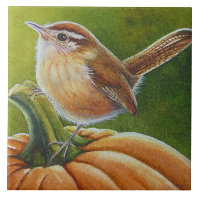 Azulejo Otoño pájaro de Wren sobre arte acuarela de calaba (Frente)