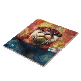 Azulejo Otter Abstract Naranja floral Verde azulado ortebr