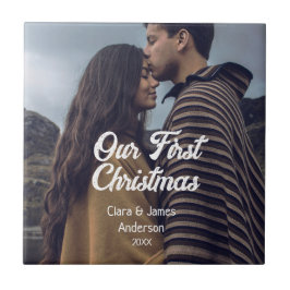 Azulejo Our first Christmas couple photo name white gray